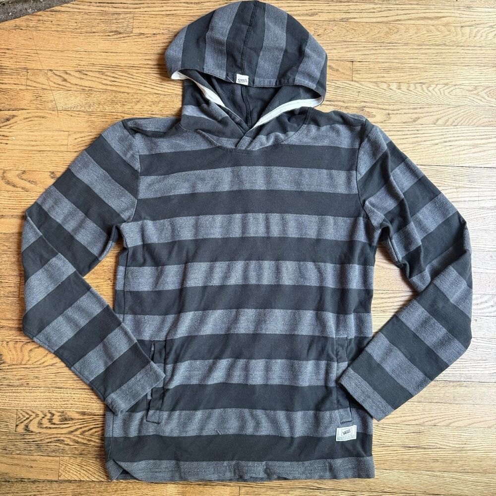 VANS Off The Wall Hoodie Mens Small Gray Striped Lightweight Sweatshirt Skater